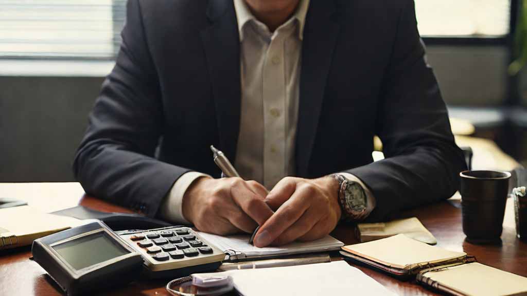 Image of a businessman making calculations using a calcuator and a notebook