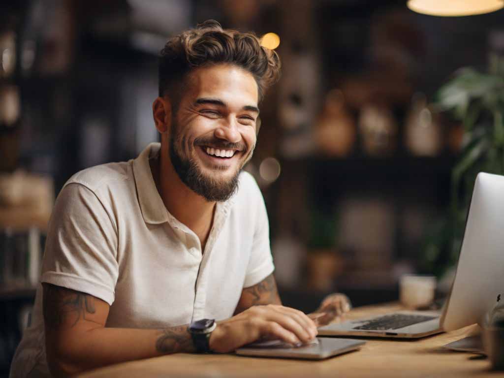 Picture of a shop owner with a happy face looking at a professionally designed website