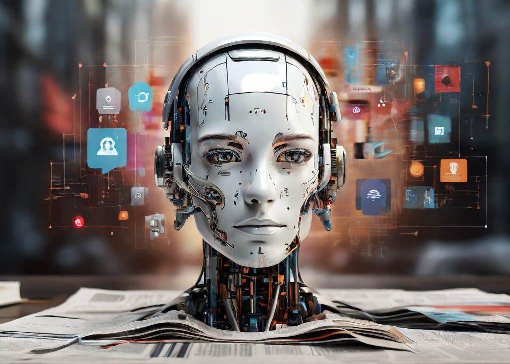 An image showing a digital landscape with a robot head merging with traditional marketing printed elements